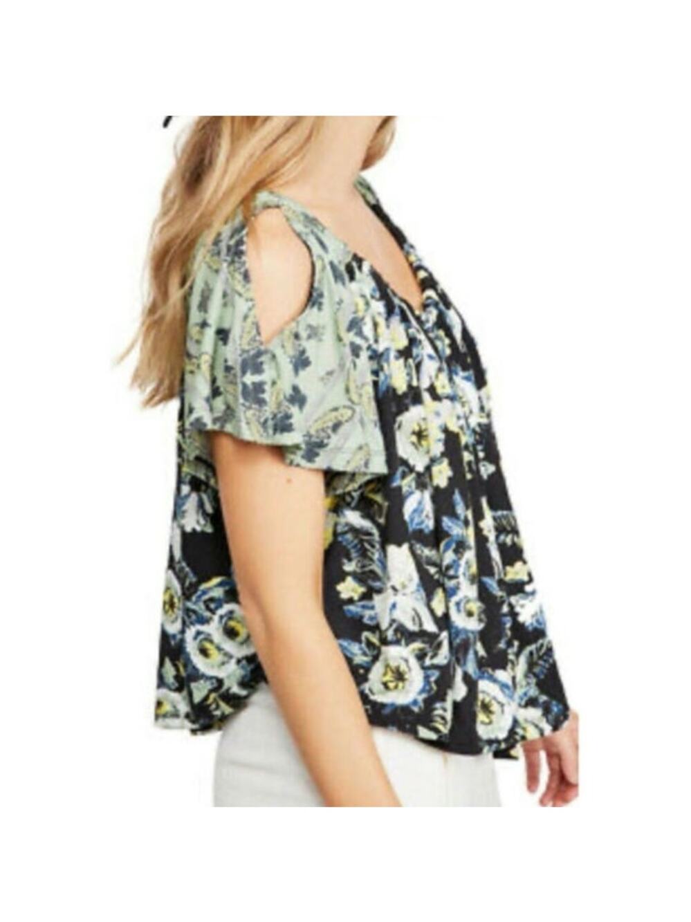 NWT Free People Floral Baja Babe Cold Shoulder BohoTop in Black Combo